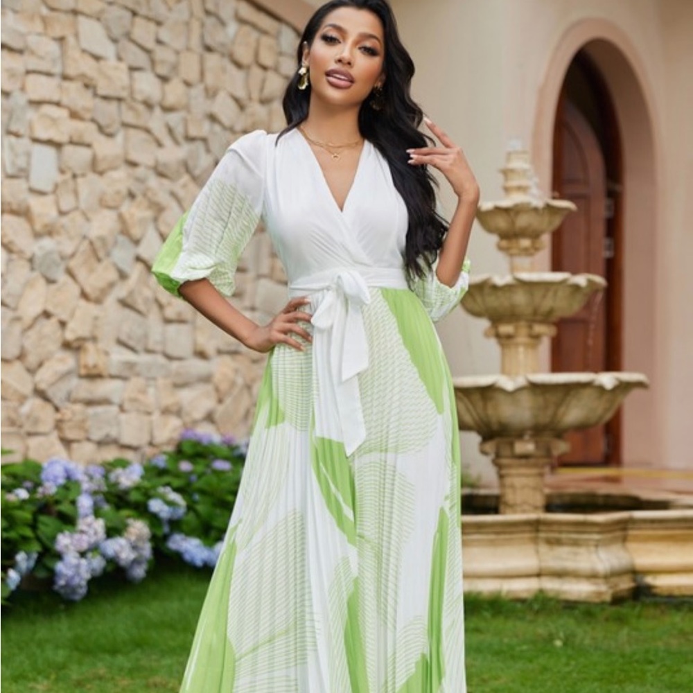 Elegant White and Green Maxi Dress